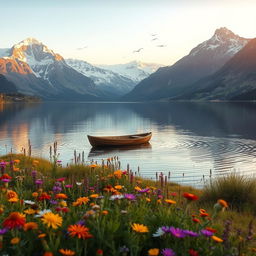 A serene landscape with a calm lake surrounded by majestic mountains, their peaks dusted with snow