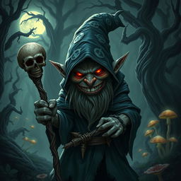 A menacing fantasy gnome with a twisted grin, wearing a dark, tattered cloak adorned with sinister symbols