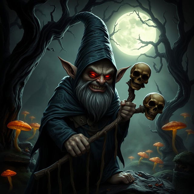 A menacing fantasy gnome with a twisted grin, wearing a dark, tattered cloak adorned with sinister symbols