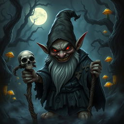 A menacing fantasy gnome with a twisted grin, wearing a dark, tattered cloak adorned with sinister symbols