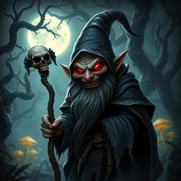 A menacing fantasy gnome with a twisted grin, wearing a dark, tattered cloak adorned with sinister symbols