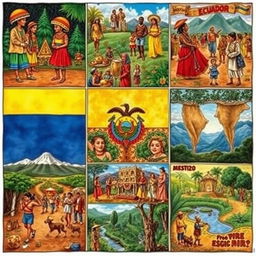 A detailed and vibrant collage divided into multiple squares, each showcasing various cultural contributions of different ethnic groups that form part of Ecuadorian identity