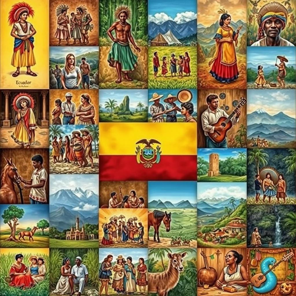 A detailed and vibrant collage divided into multiple squares, each showcasing various cultural contributions of different ethnic groups that form part of Ecuadorian identity