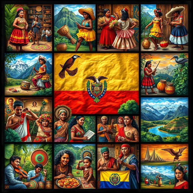 A detailed and vibrant collage divided into multiple squares, each showcasing various cultural contributions of different ethnic groups that form part of Ecuadorian identity