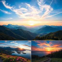 A series of dynamic and captivating landscapes showcasing serene mountain ranges under a clear blue sky, lush green valleys with vibrant wildflowers, and crystal-clear lakes reflecting the surrounding nature