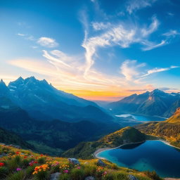 A series of dynamic and captivating landscapes showcasing serene mountain ranges under a clear blue sky, lush green valleys with vibrant wildflowers, and crystal-clear lakes reflecting the surrounding nature
