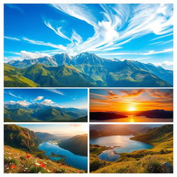 A series of dynamic and captivating landscapes showcasing serene mountain ranges under a clear blue sky, lush green valleys with vibrant wildflowers, and crystal-clear lakes reflecting the surrounding nature