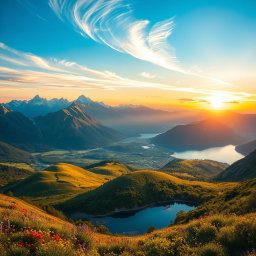 A series of dynamic and captivating landscapes showcasing serene mountain ranges under a clear blue sky, lush green valleys with vibrant wildflowers, and crystal-clear lakes reflecting the surrounding nature