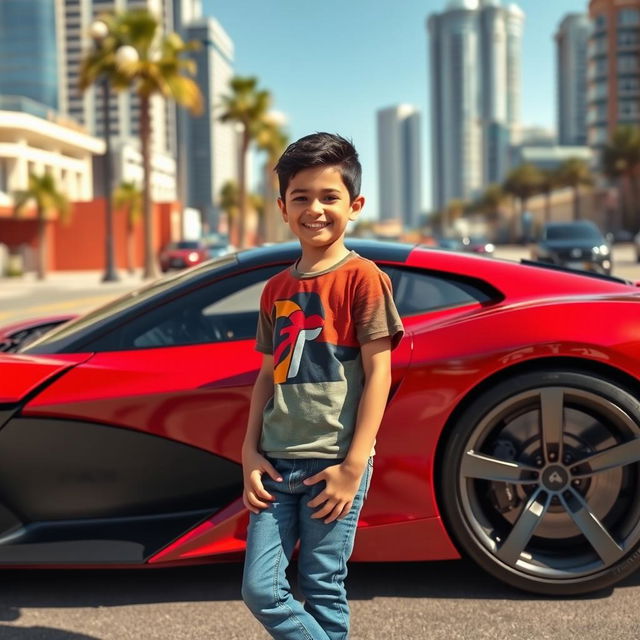 A young Persian boy, smiling and confidently leaning against a sleek, modern car