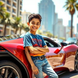 A young Persian boy, smiling and confidently leaning against a sleek, modern car