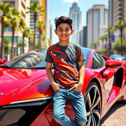 A young Persian boy, smiling and confidently leaning against a sleek, modern car