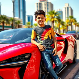 A young Persian boy, smiling and confidently leaning against a sleek, modern car