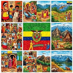 A colorful and diverse collage divided into individual squares, each filled with a multitude of images representing different aspects of Ecuadorian culture
