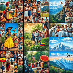 A colorful and diverse collage divided into individual squares, each filled with a multitude of images representing different aspects of Ecuadorian culture