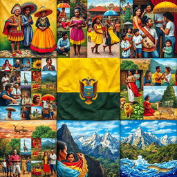 A colorful and diverse collage divided into individual squares, each filled with a multitude of images representing different aspects of Ecuadorian culture