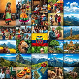 A colorful and diverse collage divided into individual squares, each filled with a multitude of images representing different aspects of Ecuadorian culture