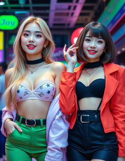 Two sexy and confident Korean bimbo lesbians, one with stylish blonde hair and the other with a trendy brunette cut, both aged 18 and proudly showcasing their enormous silicon boobs