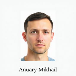 A passport size photo of an adult male with asymmetrical facial features, showcasing a neutral expression