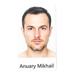 A passport size photo of an adult male with asymmetrical facial features, showcasing a neutral expression