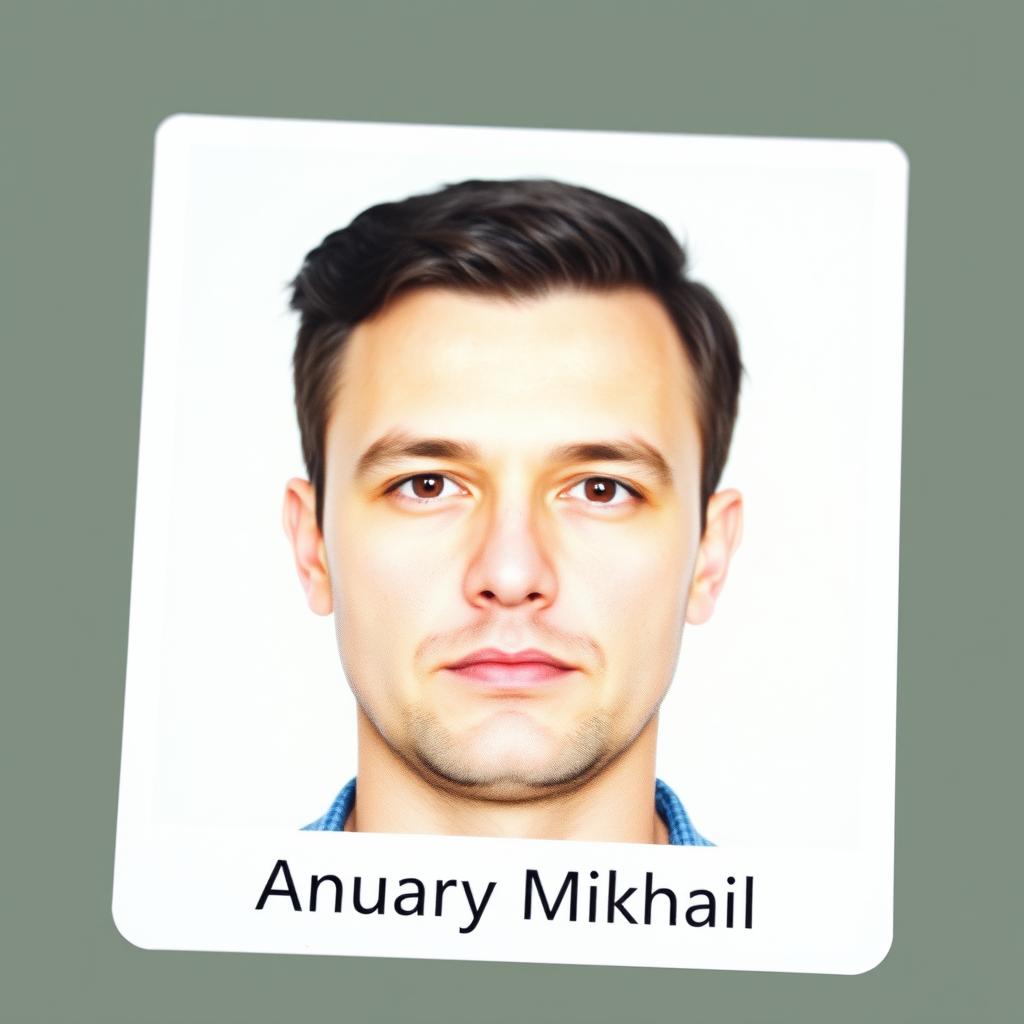 A passport size photo of an adult male with asymmetrical facial features, showcasing a neutral expression