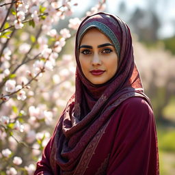A woman wearing a beautiful and elegant hijab, with intricate patterns and vibrant colors