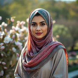 A woman wearing a beautiful and elegant hijab, with intricate patterns and vibrant colors