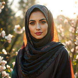 A woman wearing a beautiful and elegant hijab, with intricate patterns and vibrant colors