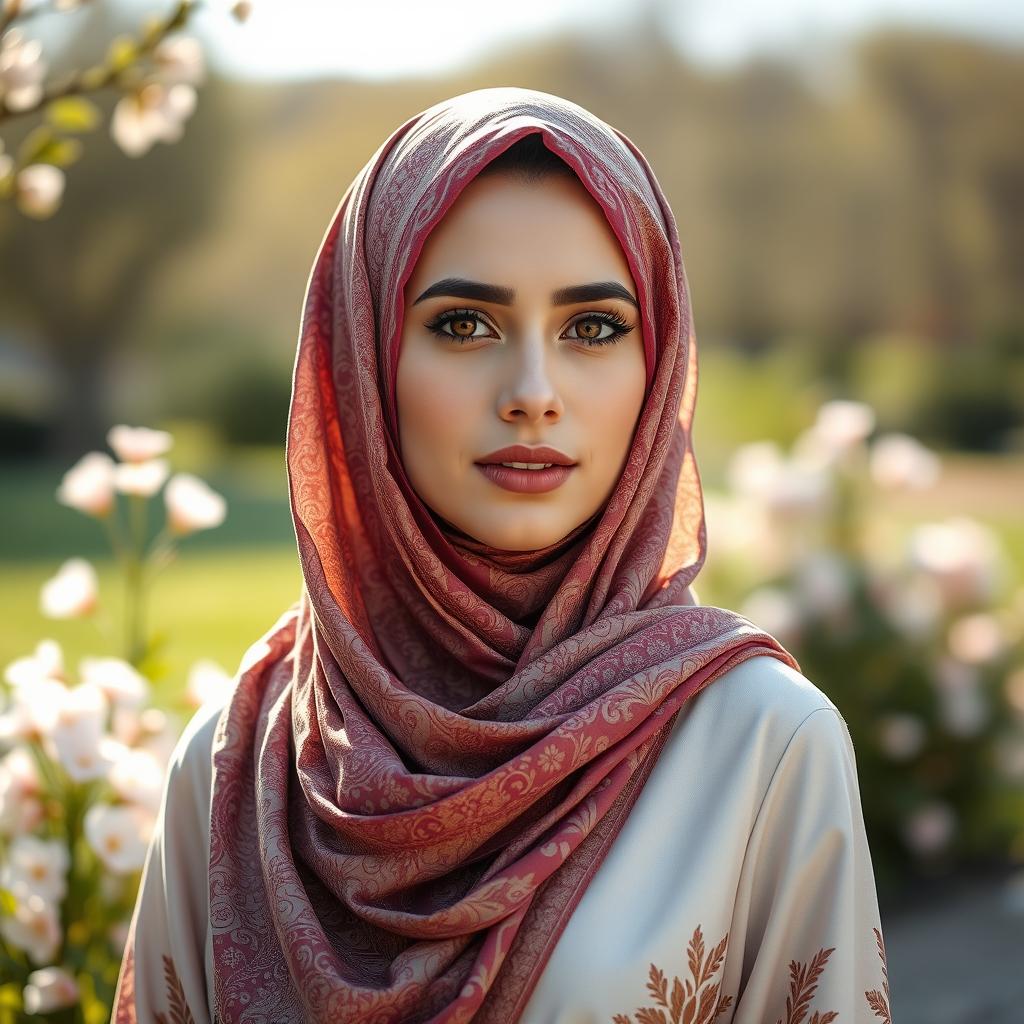 A woman wearing a beautiful and elegant hijab, with intricate patterns and vibrant colors