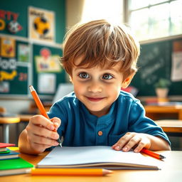 A young boy holding a pen while sitting at a desk, surrounded by colorful notebooks and stationery