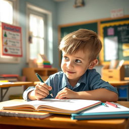 A young boy holding a pen while sitting at a desk, surrounded by colorful notebooks and stationery