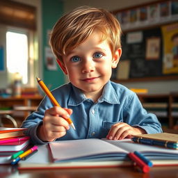 A young boy holding a pen while sitting at a desk, surrounded by colorful notebooks and stationery