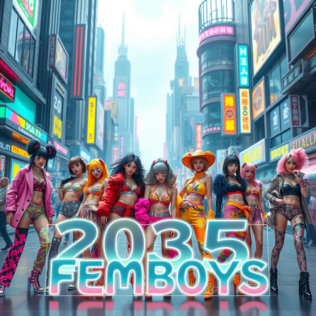 A vibrant and dynamic futuristic cityscape set in the year 2035, featuring a diverse group of stylish femboys dressed in colorful, avant-garde fashion that blends traditional elements with futuristic designs