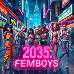 A vibrant and dynamic futuristic cityscape set in the year 2035, featuring a diverse group of stylish femboys dressed in colorful, avant-garde fashion that blends traditional elements with futuristic designs
