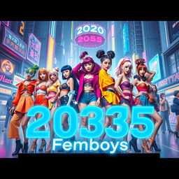 A vibrant and dynamic futuristic cityscape set in the year 2035, featuring a diverse group of stylish femboys dressed in colorful, avant-garde fashion that blends traditional elements with futuristic designs