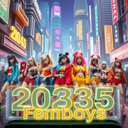 A vibrant and dynamic futuristic cityscape set in the year 2035, featuring a diverse group of stylish femboys dressed in colorful, avant-garde fashion that blends traditional elements with futuristic designs