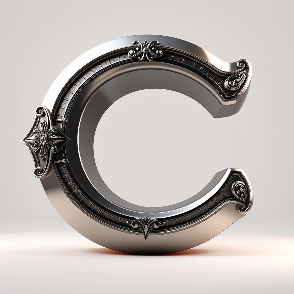A large, stylized letter 'C' designed as a striking visual element, created to resemble a heavy, 3D object that appears to weigh 100kb