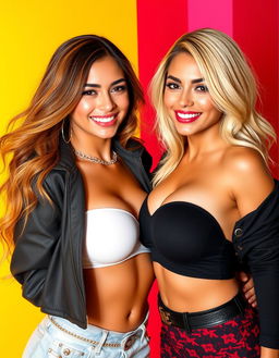 Two sexy and confident Latina bimbo lesbians, one with vibrant blonde hair and the other with beautiful brunette locks, both aged 21 and showcasing their enormous silicone breasts