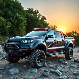A modified double cabin pickup truck, showcasing an aggressive off-road design with oversized tires and a lifted suspension