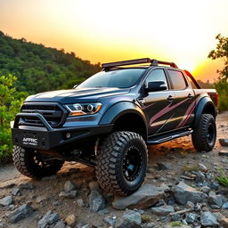A modified double cabin pickup truck, showcasing an aggressive off-road design with oversized tires and a lifted suspension