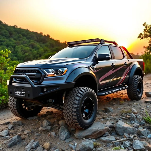 A modified double cabin pickup truck, showcasing an aggressive off-road design with oversized tires and a lifted suspension