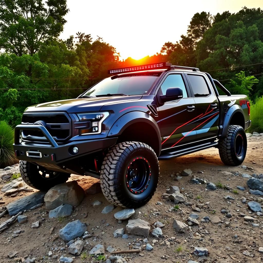 A modified double cabin pickup truck, showcasing an aggressive off-road design with oversized tires and a lifted suspension