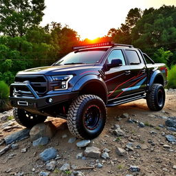 A modified double cabin pickup truck, showcasing an aggressive off-road design with oversized tires and a lifted suspension
