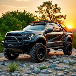 A modified double cabin pickup truck, showcasing an aggressive off-road design with oversized tires and a lifted suspension