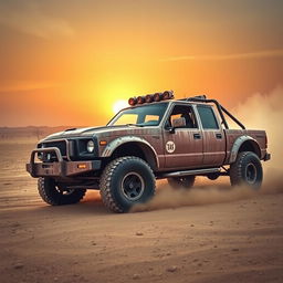 A rugged double cab pickup truck inspired by the Mad Max universe, featuring a heavily modified exterior with metal plating and aggressive design elements