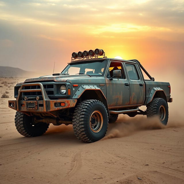 A rugged double cab pickup truck inspired by the Mad Max universe, featuring a heavily modified exterior with metal plating and aggressive design elements