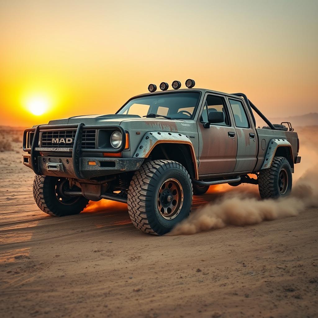 A rugged double cab pickup truck inspired by the Mad Max universe, featuring a heavily modified exterior with metal plating and aggressive design elements