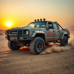 A rugged double cab pickup truck inspired by the Mad Max universe, featuring a heavily modified exterior with metal plating and aggressive design elements