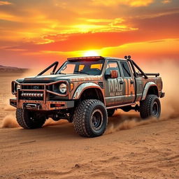 A rugged double cab pickup truck inspired by the Mad Max universe, featuring a heavily modified exterior with metal plating and aggressive design elements