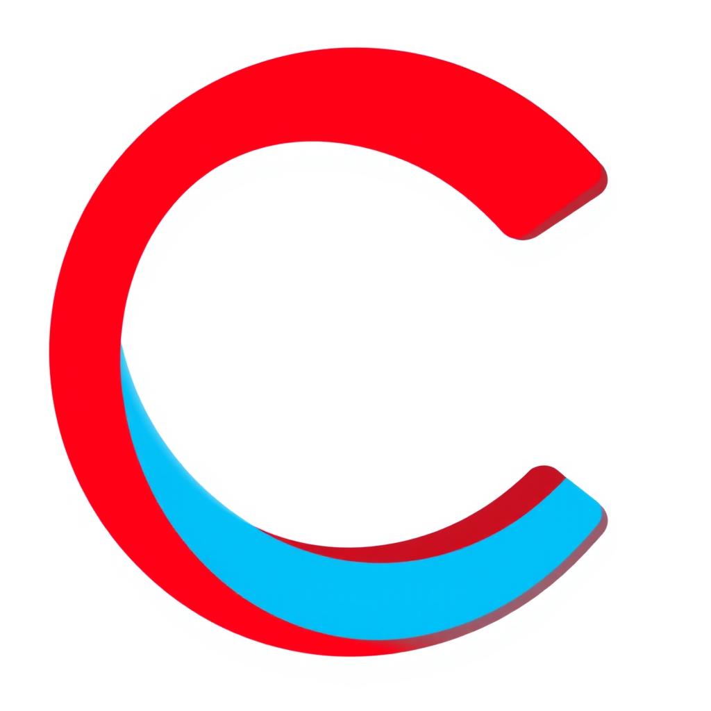 A simple, bold letter 'C' designed for a logo, featuring a flat 2D style with a vibrant red color accented by a deep blue