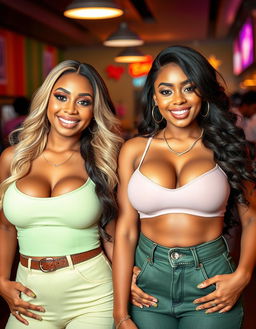 Two sexy and confident Nigerian bimbo lesbians, one with striking blonde hair and the other with gorgeous brunette hair, both aged 21 and proudly displaying their enormous silicone breasts